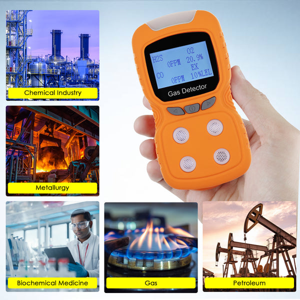 AQM-384 Portable Gas Detector CO H₂S O₂ EX (LEL) 4 Gas Detection Gas Rechargeable Clip Sniffer with Audible Visual Vibration Alert and Voice Prompt