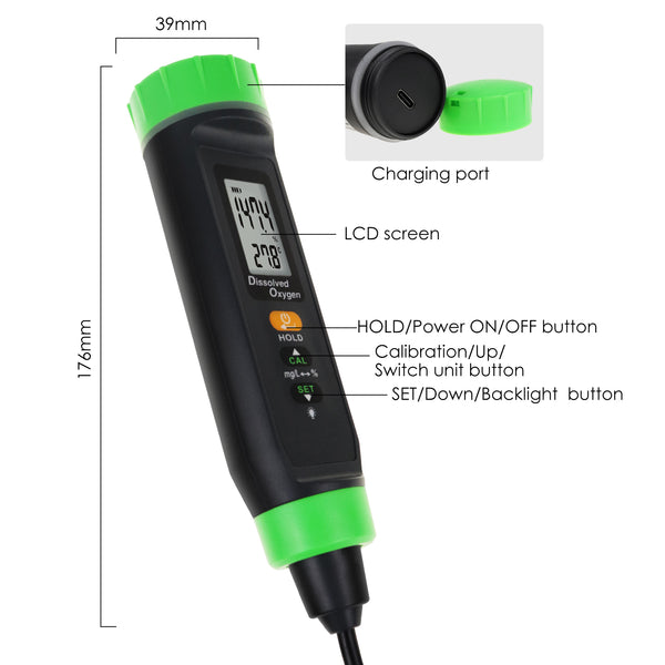 DOM-383 Digital Rechargeable DO Meter Dissolved Oxygen Tester with Floating Probe Long Cable Electrode, ATC