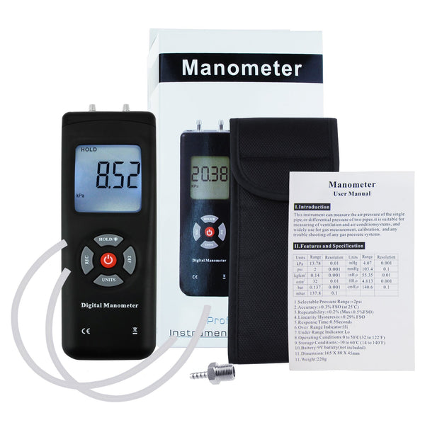 MAN-45 Professional Digital Manometer, Portable Handheld Air Vacuum/ Gas Pressure Gauge Meter 11 Units with Backlight, ±13.78kPa ±2PSI, Suitable for Differential Pressure of 1-2 Pipes, Ventilation, Air Condition System Measurement