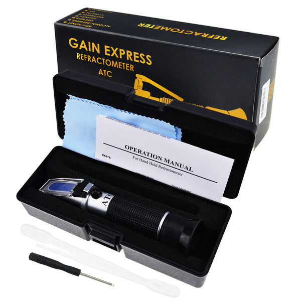 REB-32SGATC Beer Brix & Specific Gravity Refractometer with ATC Optic Dual Scale 0~32% Brix 1.000-1.120 SG Wine Wort Making Beer Brewing Fruit Juice Hops Sugar Homebrew Kit
