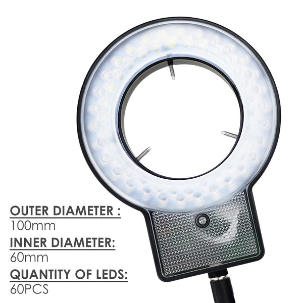 RLT-207 60 LED Microscope Ring Light Scope Illuminator with 4-Zone Quadrant Control, Adapter Fitting and 8 Adjustable Brightness Level 40~60mm Diameter