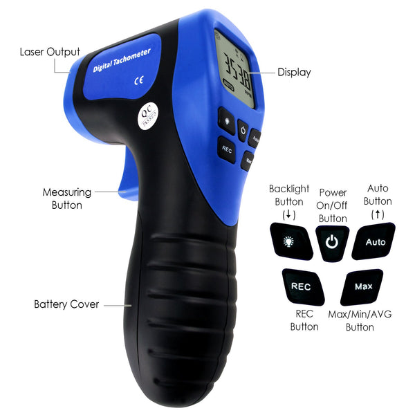 TAC-44 Handheld Digital Laser Non-Contact Tachometer, Rotational Speed Measuring Gun, 2.5-99999 RPM, Record (60 Data) MAX/ MIN/ AVG ±0.02%+1 Digtal Accuracy, Speedometer for Small Engines, Car, Bike, Motorcycle, Surface Speed Tach Meter Gauge