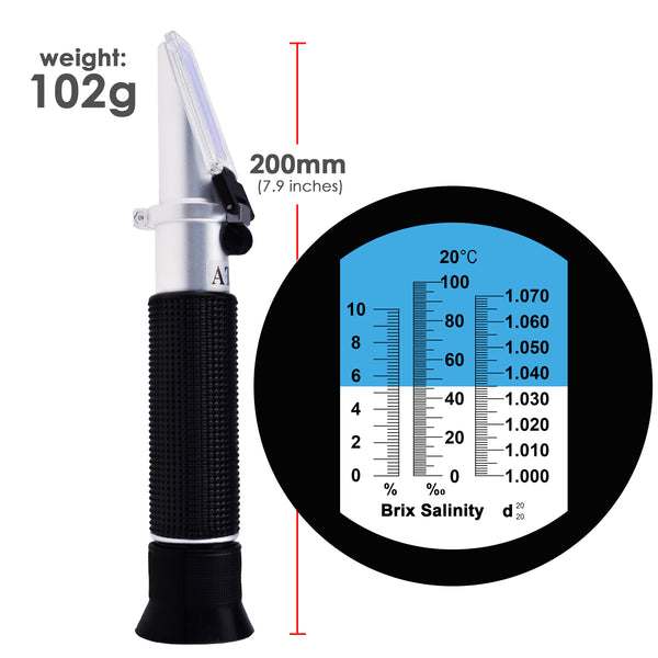 REBS-10ATC Tri-Scale Optics Refractometer ATC 0-10% Brix, Salinity 100 PPT , Density 1.000 to 1.070 g/cm3 & Salinity for CNC Cutting Liquid Coolant Salt Sea Water Aquarium Tank Marine