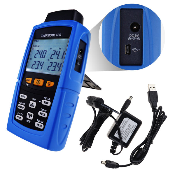 TM-747D Digital 4-Channel K /J/ T / E/ R / S/ N Type Thermocouple Thermometer Datalogger 16,800 Data Logging T1/T2, T3/T4 Input Terminal Data Logger