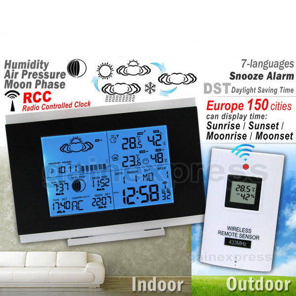 Weather Station,Wireless Indoor Outdoor Thermometer,LCD Digital Display Weather  Thermometer with Temperature,Humidity,Calendar,4 Mode Weather  Forecast,Snooze Function Alarm Clock