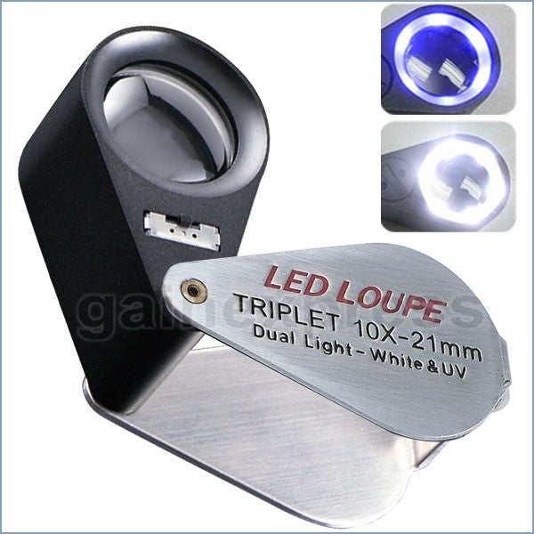 Jewelers Loupe Triplet Glass Lens 6 LED/UV Lighted , 21 mm, 10X,  Silver-Black - Eds Box & Supply Co.