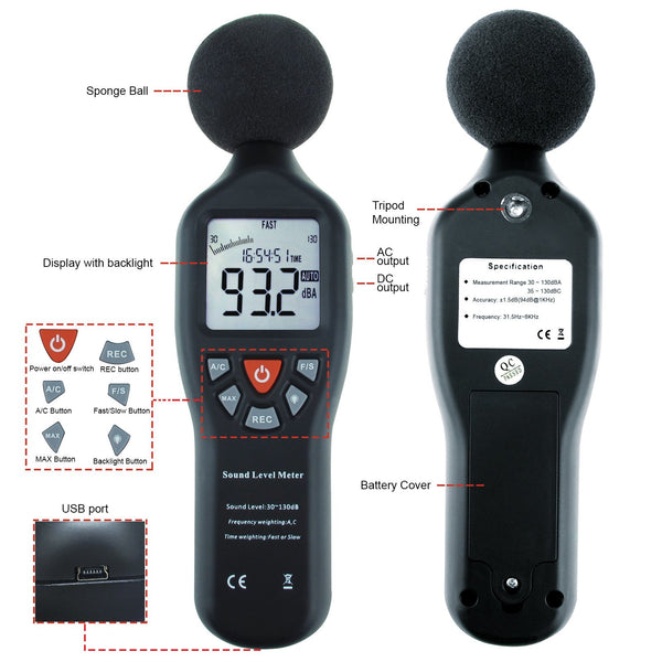 SLM-25 Sound Level Meter with Backlit Display High Accuracy Measuring 30dB~130dB with Data Logging Function Instrument Compact Professional