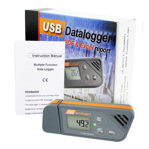 88163 Digital Waterproof USB Datalogger Humidity Temperature and Pressure Barometric Data Logger gauge, generate PDF & Excel report LED indicator