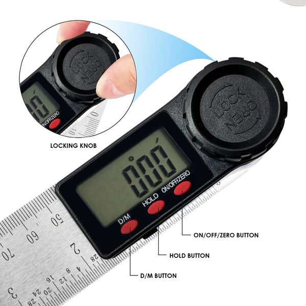 AGF-323 Digital Angle Finder Ruler Zeroing and Locking Function Precision Tool 11-Inch / 300mm Stainless Steel 2-in-1 Angle Measuring Protractor