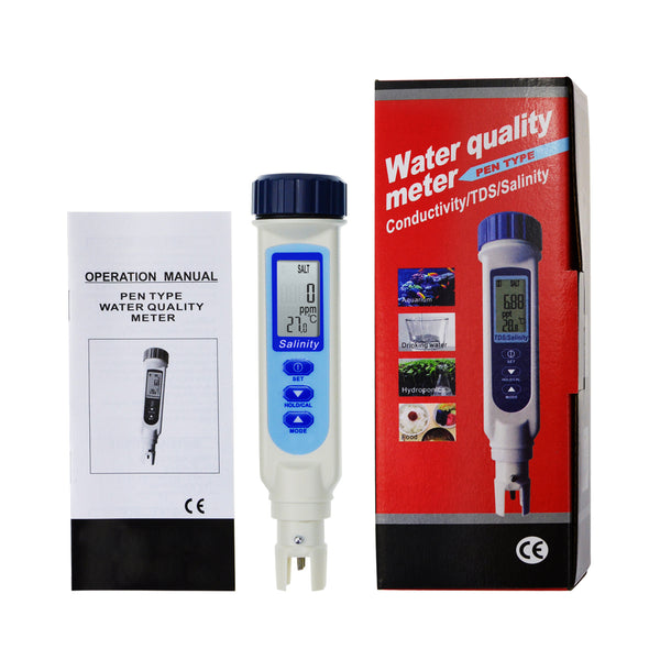 837-2 Salinity & Temp Meter Pen Type Salt Water Quality Tester ATC NaCl, 9999 ppm / 100.0ppt/ 10% / 0.95-1.08 SG Aquarium Pond Food Pool Seawater