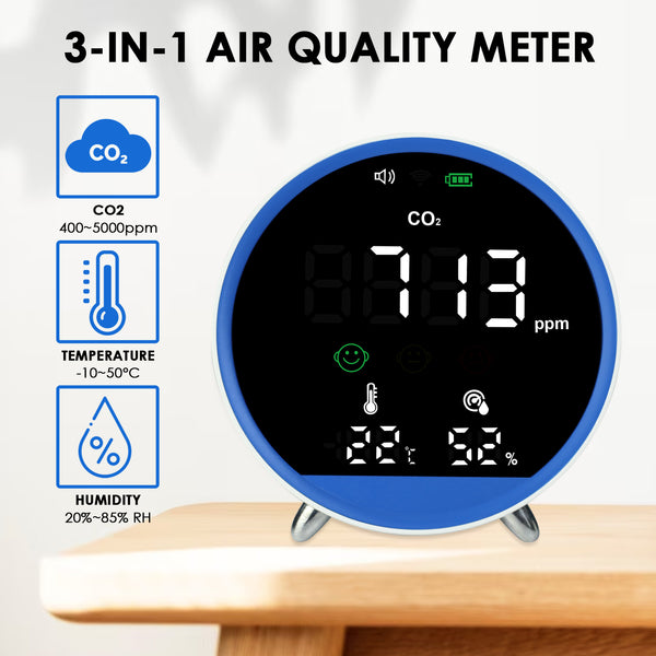 AQM-399 Carbon Dioxide CO2 Monitor Indoor Air Quality Meter Temperature Humidity Tester Face Icon Colored Display with Alarm 400~5000PPM NDIR Sensor