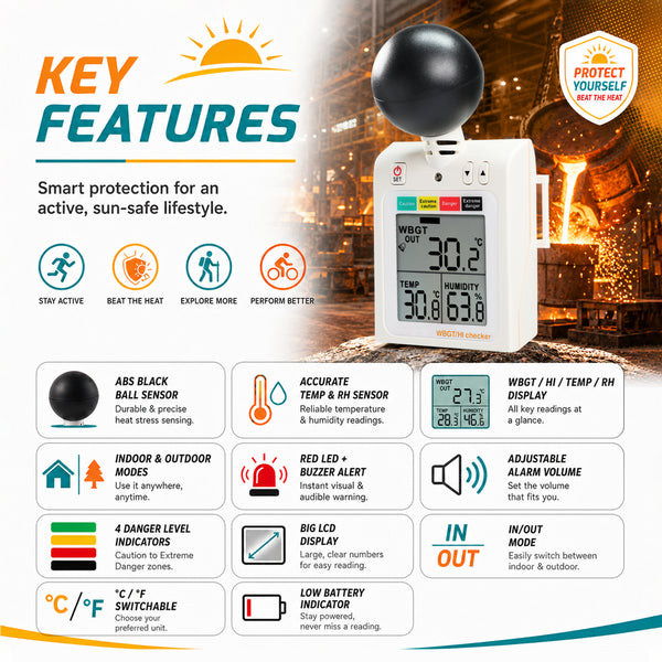 87784 Wearable 2-in-1 WBGT + HI Heat Index Checker Wet Bulb Globe Temperature Heat Stress Meter