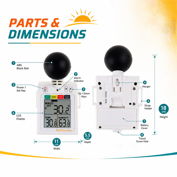 87784 Wearable 2-in-1 WBGT + HI Heat Index Checker Wet Bulb Globe Temperature Heat Stress Meter