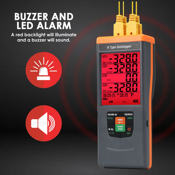 88594 GLP-Compliant K-Type Thermocouple Data Logger: High-Accuracy Temperature Meter (-328°F to 2498°F / -200°C to 1370°C) with 48,000-Point Datalogging, CSV Export & Alarms, Portable/Wall-Mountable, Flexible IR Printing (Optional)