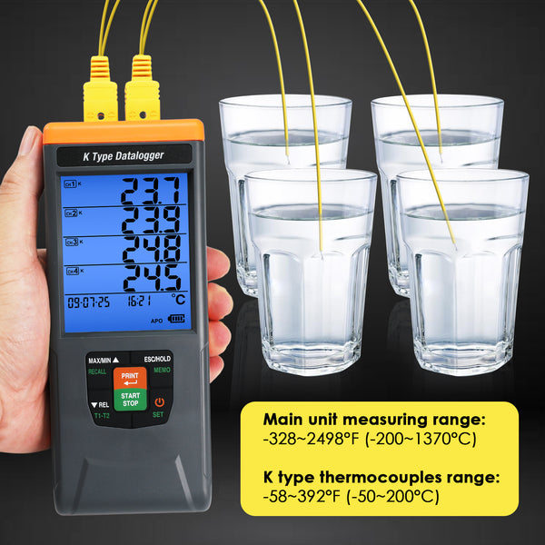 88594 GLP-Compliant K-Type Thermocouple Data Logger: High-Accuracy Temperature Meter (-328°F to 2498°F / -200°C to 1370°C) with 48,000-Point Datalogging, CSV Export & Alarms, Portable/Wall-Mountable, Flexible IR Printing (Optional)