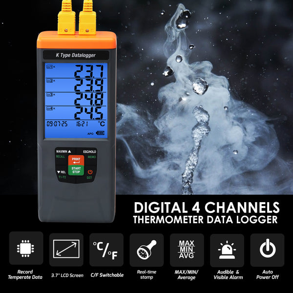 88594 GLP-Compliant K-Type Thermocouple Data Logger: High-Accuracy Temperature Meter (-328°F to 2498°F / -200°C to 1370°C) with 48,000-Point Datalogging, CSV Export & Alarms, Portable/Wall-Mountable, Flexible IR Printing (Optional)