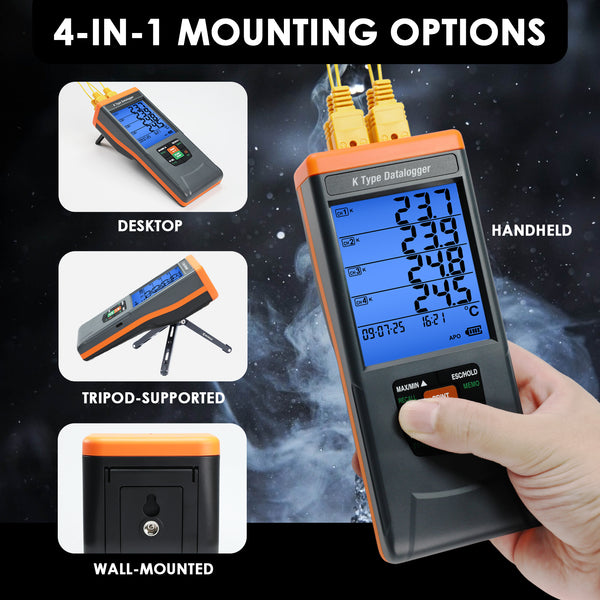 88594 GLP-Compliant K-Type Thermocouple Data Logger: High-Accuracy Temperature Meter (-328°F to 2498°F / -200°C to 1370°C) with 48,000-Point Datalogging, CSV Export & Alarms, Portable/Wall-Mountable, Flexible IR Printing (Optional)