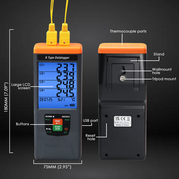 88594 GLP-Compliant K-Type Thermocouple Data Logger: High-Accuracy Temperature Meter (-328°F to 2498°F / -200°C to 1370°C) with 48,000-Point Datalogging, CSV Export & Alarms, Portable/Wall-Mountable, Flexible IR Printing (Optional)