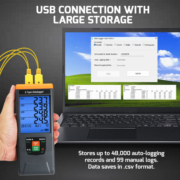 88594 GLP-Compliant K-Type Thermocouple Data Logger: High-Accuracy Temperature Meter (-328°F to 2498°F / -200°C to 1370°C) with 48,000-Point Datalogging, CSV Export & Alarms, Portable/Wall-Mountable, Flexible IR Printing (Optional)