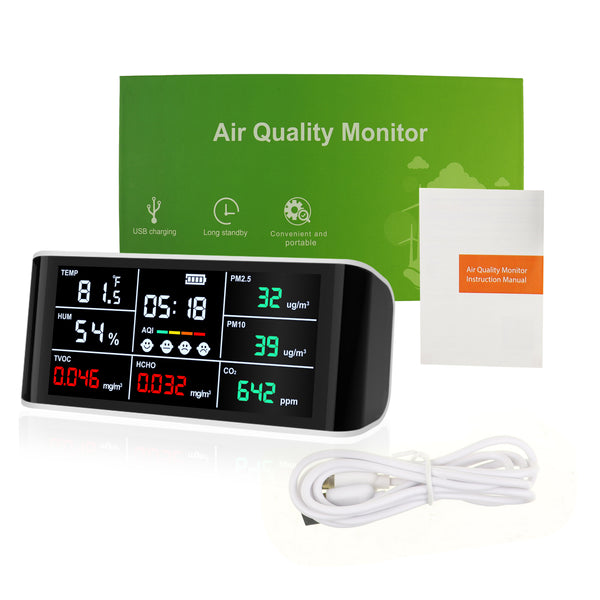 AQM-388 Portable 9 in 1 Indoor Air Quality Meter CO2 Monitor Formaldehyde Detector VOC Sensor AQI Index PM2.5 PM10 and Humidity Temp with Time Display Air Monitor Test Kit