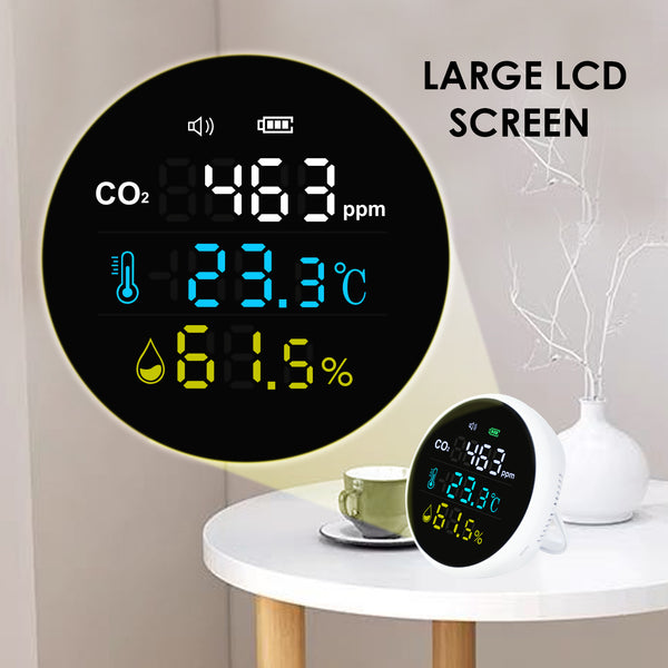 AQM-396 Carbon Dioxide CO2 Monitor Wall Mount Indoor Air Quality Meter Temperature Humidity Tester Colored Large Screen Display with Alarm 400~5000PPM NDIR Sensor