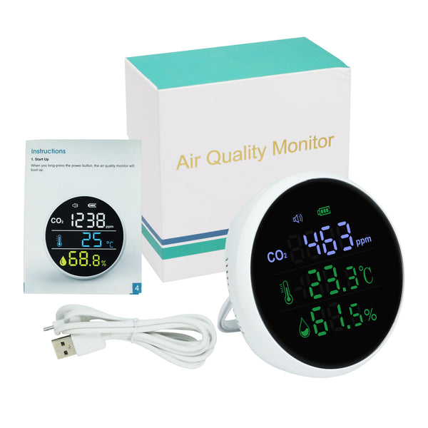 AQM-396 Carbon Dioxide CO2 Monitor Wall Mount Indoor Air Quality Meter Temperature Humidity Tester Colored Large Screen Display with Alarm 400~5000PPM NDIR Sensor