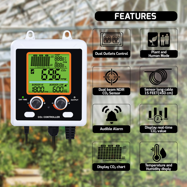 AQM-419 Dual-Output CO2 Controller Carbon Dioxide Monitor with Day & Night Auto Detection, Temperature and Humidity Measurement, 15ft Remote NDIR CO2 Sensor, and Trend Chart for Greenhouses, Offices, Factories, Homes, etc.