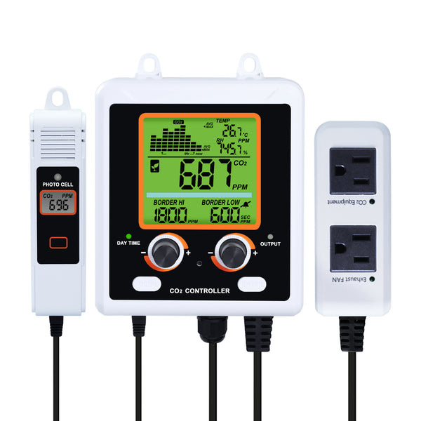 AQM-419 Dual-Output CO2 Controller Carbon Dioxide Monitor with Day & Night Auto Detection, Temperature and Humidity Measurement, 15ft Remote NDIR CO2 Sensor, and Trend Chart for Greenhouses, Offices, Factories, Homes, etc.