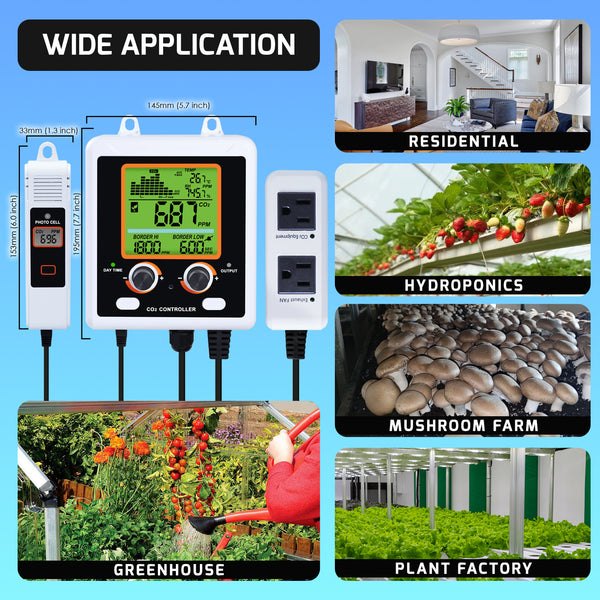 AQM-419 Dual-Output CO2 Controller Carbon Dioxide Monitor with Day & Night Auto Detection, Temperature and Humidity Measurement, 15ft Remote NDIR CO2 Sensor, and Trend Chart for Greenhouses, Offices, Factories, Homes, etc.