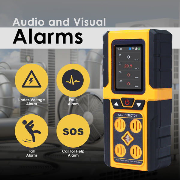 AQM-434 Gas Leak Detector 4-in-1 H2S|EX|O2|CO Tester Analyzer Instant Alerts Audible, Light, Vibration Alarm Natural Methane Gas Detector IP68 with Data Storage Portable Rechargeable