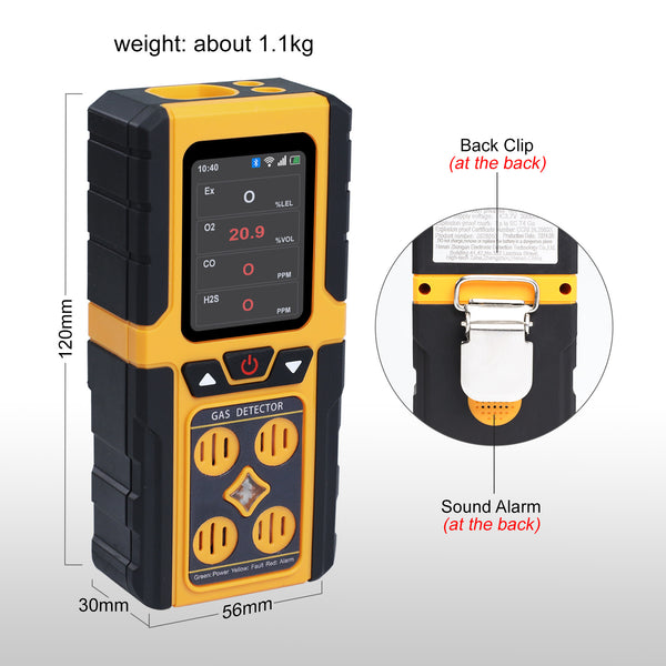 AQM-434 Gas Leak Detector 4-in-1 H2S|EX|O2|CO Tester Analyzer Instant Alerts Audible, Light, Vibration Alarm Natural Methane Gas Detector IP68 with Data Storage Portable Rechargeable