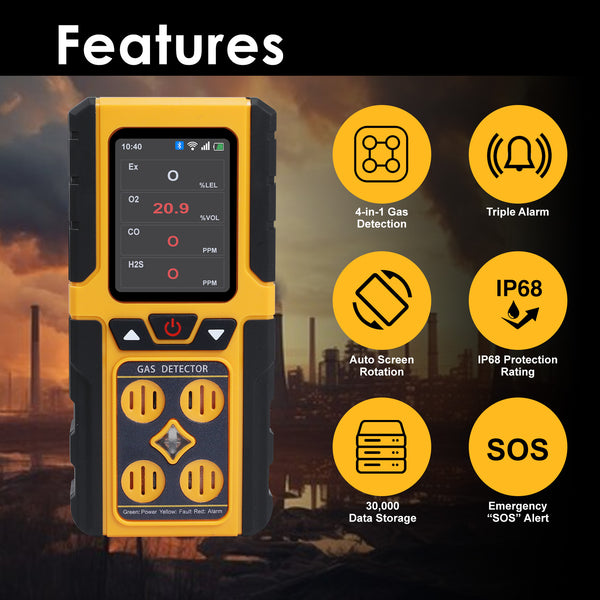 AQM-434 Gas Leak Detector 4-in-1 H2S|EX|O2|CO Tester Analyzer Instant Alerts Audible, Light, Vibration Alarm Natural Methane Gas Detector IP68 with Data Storage Portable Rechargeable