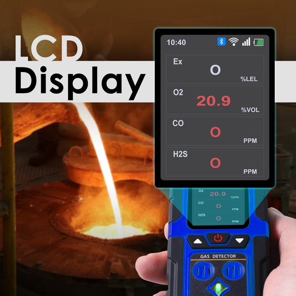 AQM-434 Gas Leak Detector 4-in-1 H2S|EX|O2|CO Tester Analyzer Instant Alerts Audible, Light, Vibration Alarm Natural Methane Gas Detector IP68 with Data Storage Portable Rechargeable