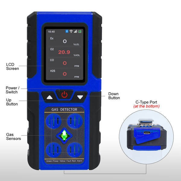 AQM-434 Gas Leak Detector 4-in-1 H2S|EX|O2|CO Tester Analyzer Instant Alerts Audible, Light, Vibration Alarm Natural Methane Gas Detector IP68 with Data Storage Portable Rechargeable
