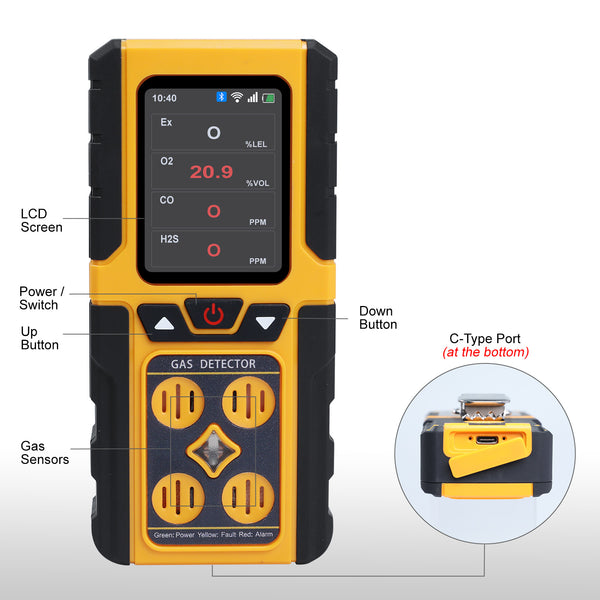 AQM-434 Gas Leak Detector 4-in-1 H2S|EX|O2|CO Tester Analyzer Instant Alerts Audible, Light, Vibration Alarm Natural Methane Gas Detector IP68 with Data Storage Portable Rechargeable