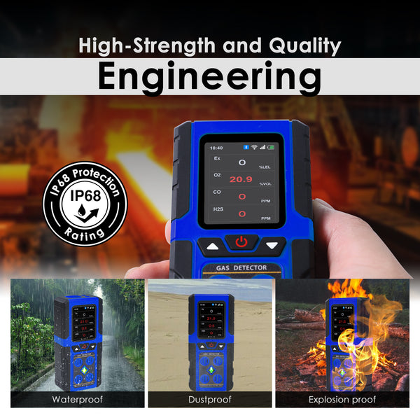 AQM-434 Gas Leak Detector 4-in-1 H2S|EX|O2|CO Tester Analyzer Instant Alerts Audible, Light, Vibration Alarm Natural Methane Gas Detector IP68 with Data Storage Portable Rechargeable