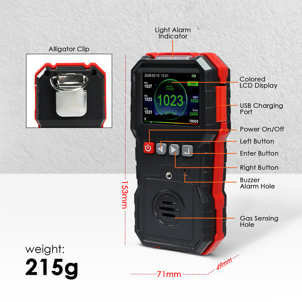AQM-551 Portable CO2 Detector Carbon Dioxide Gas Monitor 0~10000ppm with Alarm Indicator, 7605 Data Logging Capacity, Color Display, USB Rechargeable IAQ Analyzer for Petroleum Industry, Metallurgy Laboratory & Scientific Research