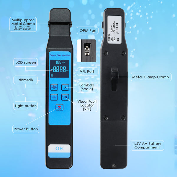 CAB-449 Optical Fiber Identifier 800～1700nm Wavelength with Visual Fault Locator (VFL) and Optical Power Module Function Active Live Optical Network Testing Colored Screen Display Power Meter Tool