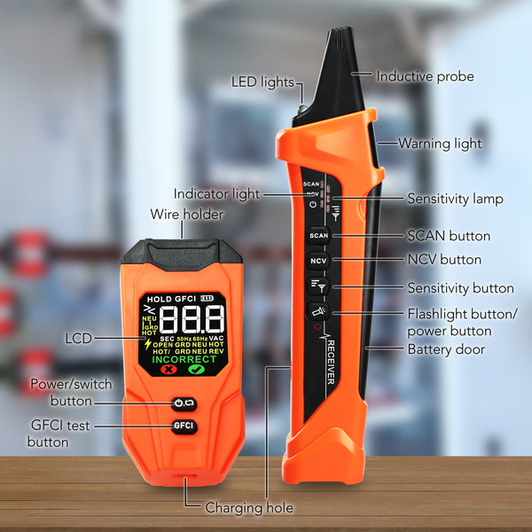 CIR-540 Digital Circuit Breaker Finder with GFCI Tester & NCV Detection Electrical Circuit Tracer High Accuracy Colored Display Audible and Visible Light Indicator