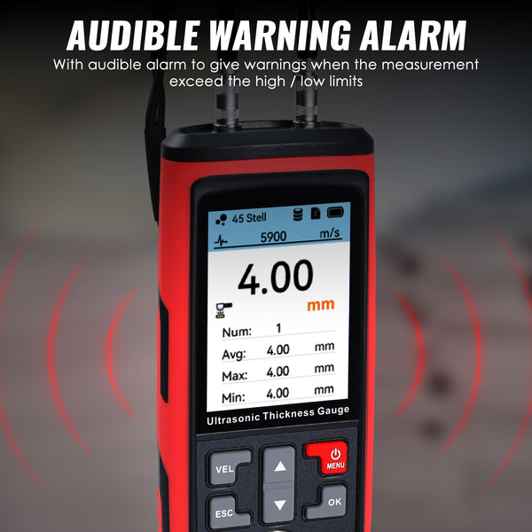 CTM-444 Professional Thickness Gauge Ultrasonic Thickness Meter Datalogger 1.0~300.0mm (0.03~11.8inches) Record 1500 Data MAX|MIN|AVE Reading Colored Screen for Steel, Metal, Ceramics etc. Measurement