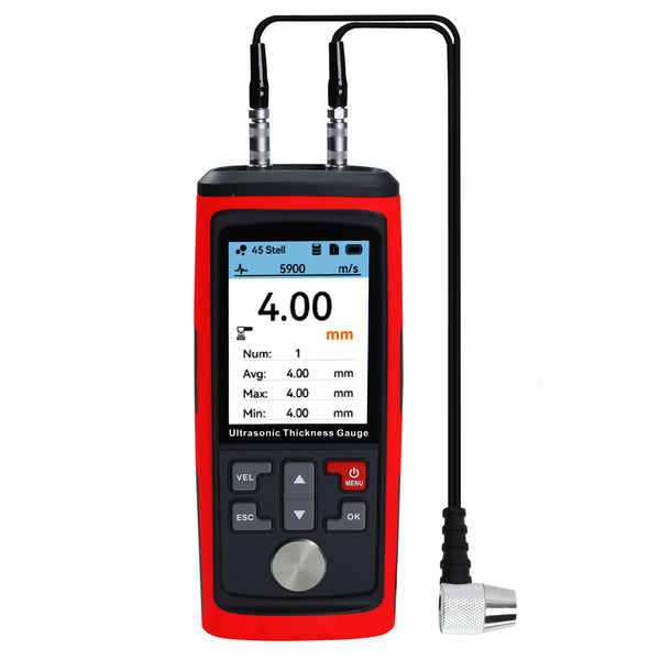 CTM-444 Professional Thickness Gauge Ultrasonic Thickness Meter Datalogger 1.0~300.0mm (0.03~11.8inches) Record 1500 Data MAX|MIN|AVE Reading Colored Screen for Steel, Metal, Ceramics etc. Measurement