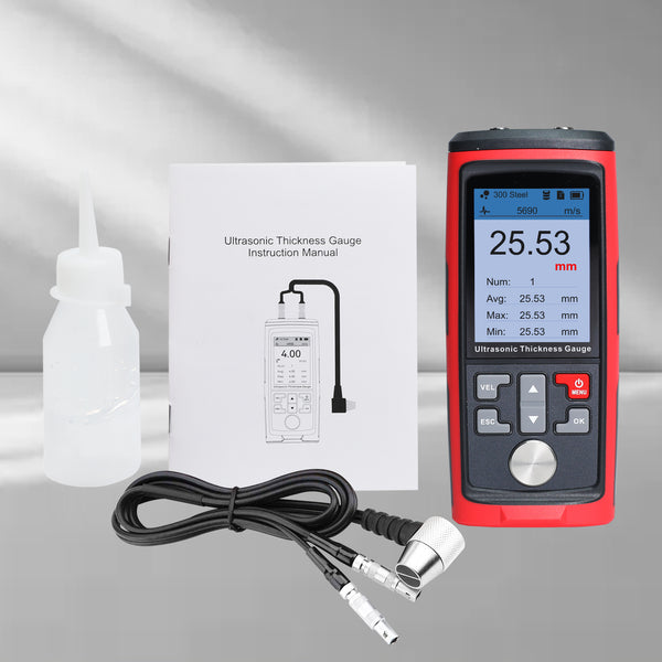 CTM-444 Professional Thickness Gauge Ultrasonic Thickness Meter Datalogger 1.0~300.0mm (0.03~11.8inches) Record 1500 Data MAX|MIN|AVE Reading Colored Screen for Steel, Metal, Ceramics etc. Measurement