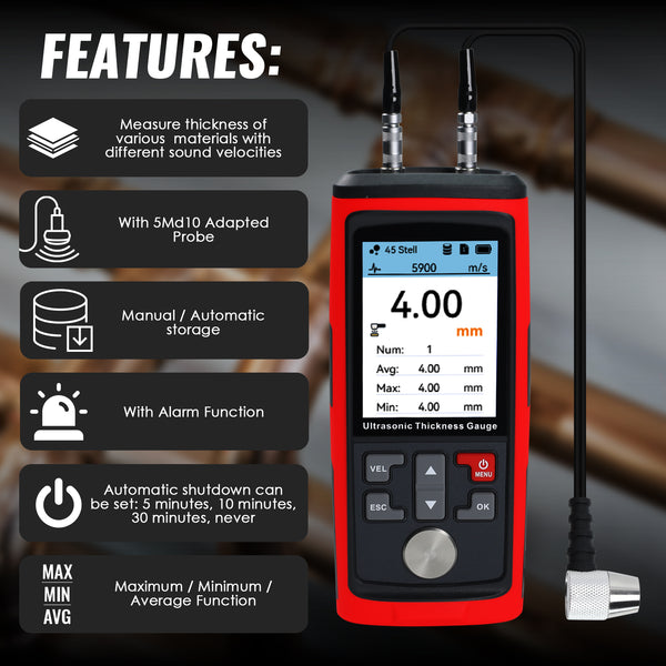 CTM-444 Professional Thickness Gauge Ultrasonic Thickness Meter Datalogger 1.0~300.0mm (0.03~11.8inches) Record 1500 Data MAX|MIN|AVE Reading Colored Screen for Steel, Metal, Ceramics etc. Measurement