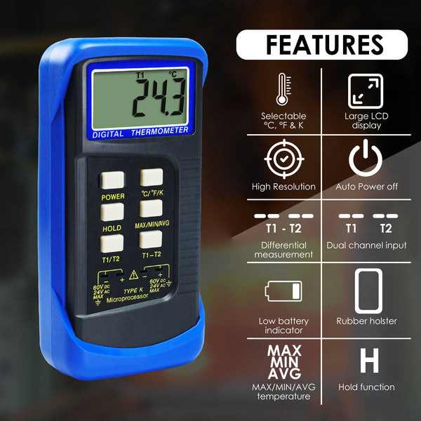 68022 Digital 2 Channels K-Type Thermometer 2 Thermocouples -50~1300°C (-58~2372°F)