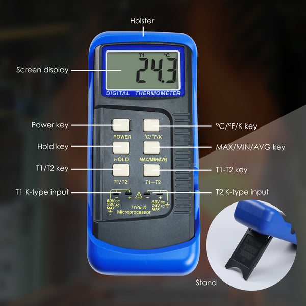 68022_2P Digital 2 Channels K-Type Thermometer w/ 4 Thermocouples (Wired & Stainless Steel), -50~1300°C (-58~2372°F)
