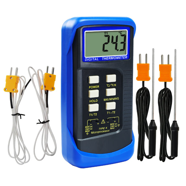 68022_2P Digital 2 Channels K-Type Thermometer w/ 4 Thermocouples (Wired & Stainless Steel), -50~1300°C (-58~2372°F)