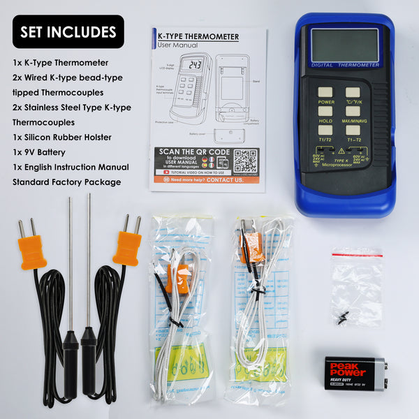68022_2P Digital 2 Channels K-Type Thermometer w/ 4 Thermocouples (Wired & Stainless Steel), -50~1300°C (-58~2372°F)
