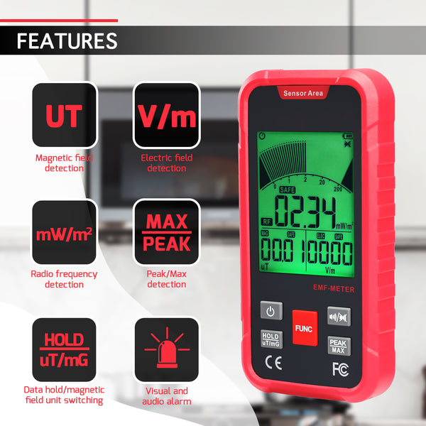 EMF-528 EMF Meter Tester Electromagnetic Field Radiation Detector EF, Radio Frequency (RF), 3-Axis Magnetic Field (MF) Detection for Home, Office, School, with Audible and Visual Alarm Professional Rechargeable Tester