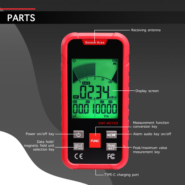 EMF-528 EMF Meter Tester Electromagnetic Field Radiation Detector EF, Radio Frequency (RF), 3-Axis Magnetic Field (MF) Detection for Home, Office, School, with Audible and Visual Alarm Professional Rechargeable Tester