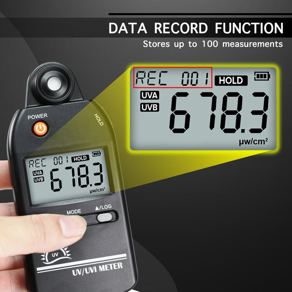 UVM-529 Digital Ultraviolet Detector UV UVI Tester Light Meter Irradiance Intensity Monitor 100 Data Record for Reptile Husbandry, Phototherapy, Indoor Tanning Personal and Professional Usage